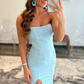 Light Blue Strapless Sequins Mermaid Evening Gown With Split Long Prom Dress  gh1847