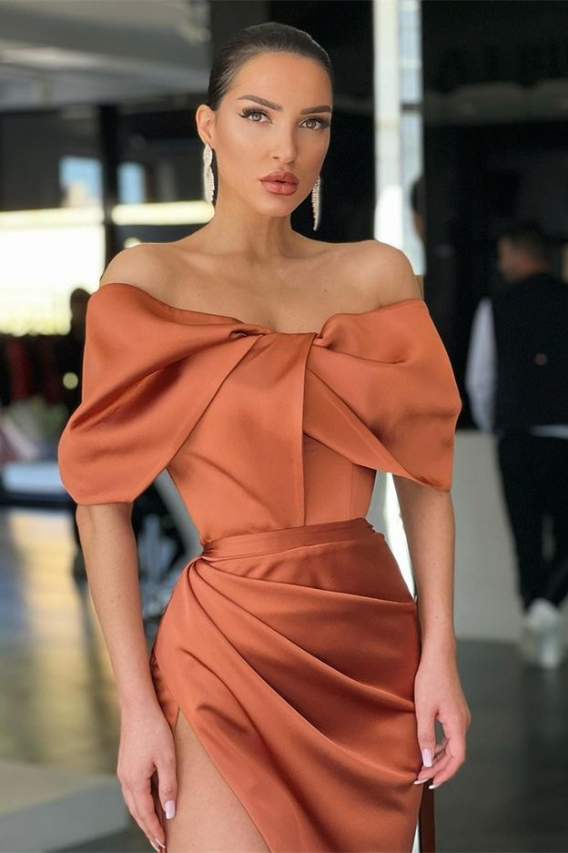 Burnt Orange Off-the-Shoulder Mermaid evening Dress Slit Long  gh1873