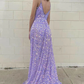 Purple glitter v-neck spaghetti straps long elegant sequin train prom evening gown party dress gh1801