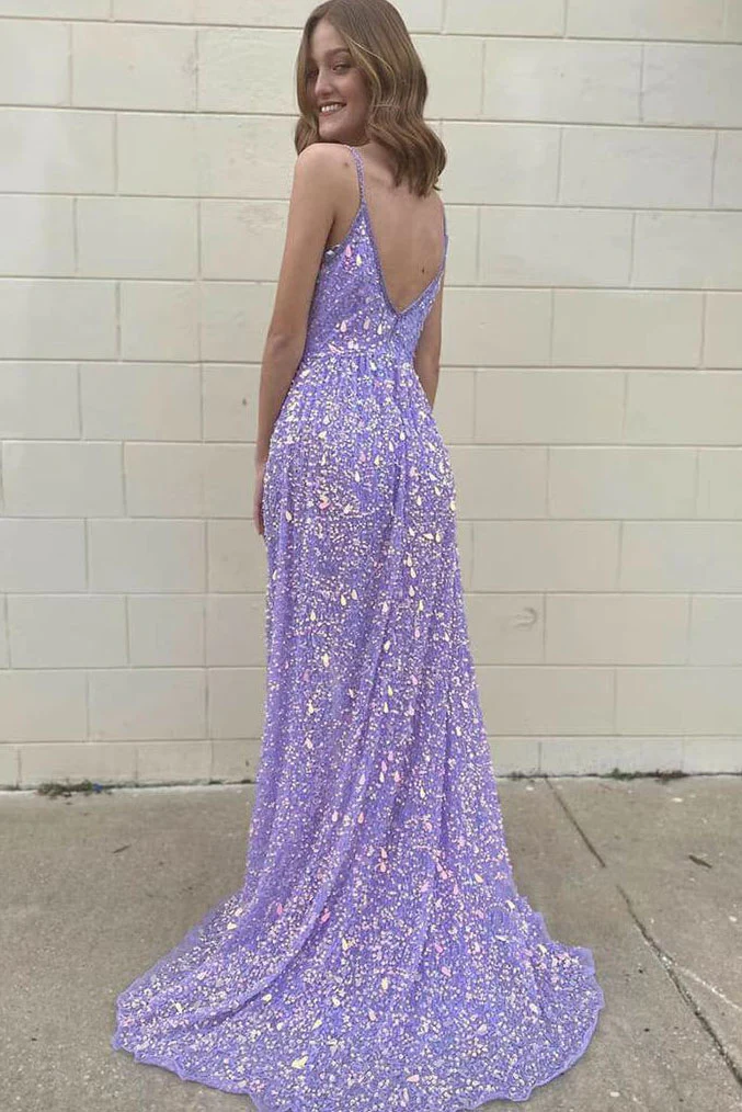 urple Deep V Neck Spaghetti Straps Prom Evening Gown, Sequined Long Party Dress  gh1801