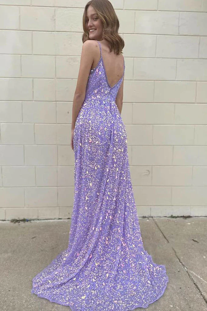 Purple glitter v-neck spaghetti straps long elegant sequin train prom evening gown party dress gh1801