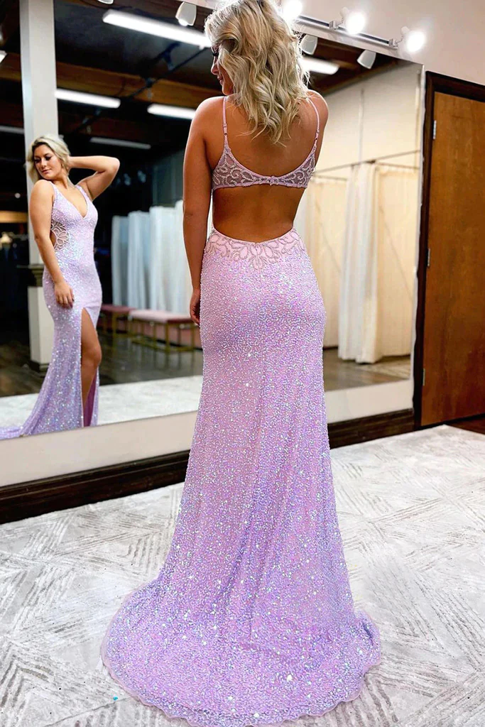 Lilac Mermaid Sequined V Neck Open Back Prom Dresses With Slit, Party Dresses  gh1854