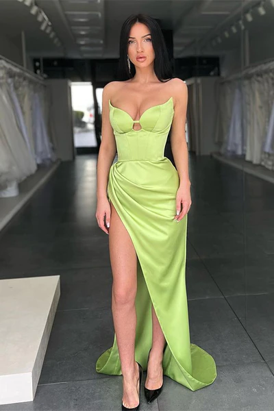 SAGE GREEN SWEETHEART MERMAID EVENING DRESS SLEEVELESS WITH SLIT  gh1863