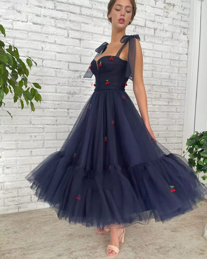 Cherry Spaghetti Straps Dress Starry Mesh Dress Homecoming dress  gh1831