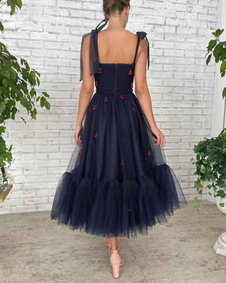 Cherry Spaghetti Straps Dress Starry Mesh Dress Homecoming dress  gh1831