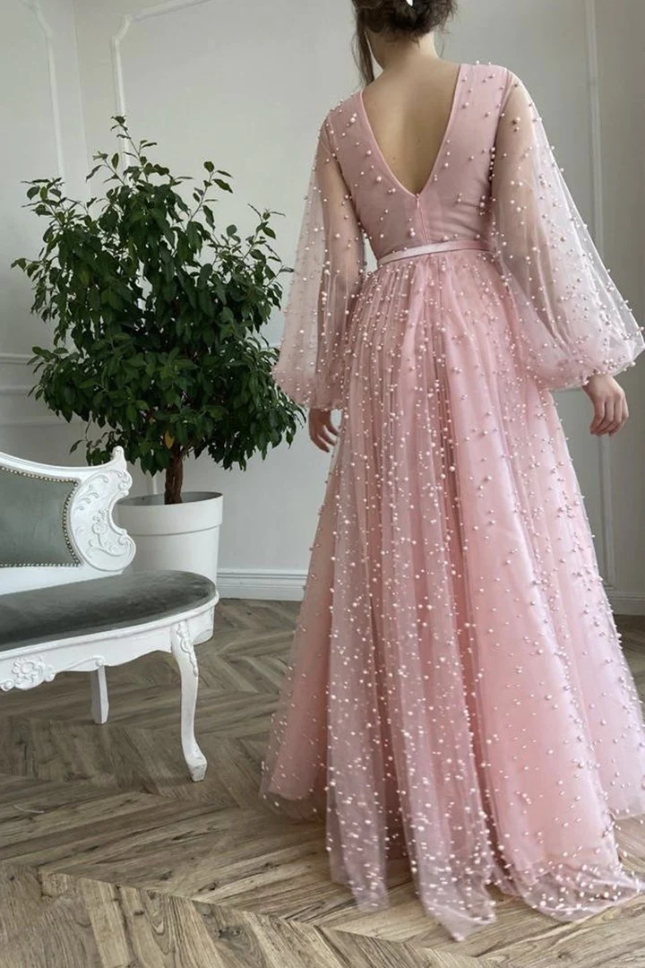 Pink tulle long A line prom dress pink evening dress  gh1843