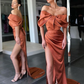 Burnt Orange Off-the-Shoulder Mermaid evening Dress Slit Long  gh1873