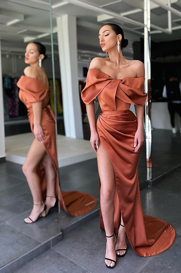 Burnt Orange Off-the-Shoulder Mermaid evening Dress Slit Long  gh1873
