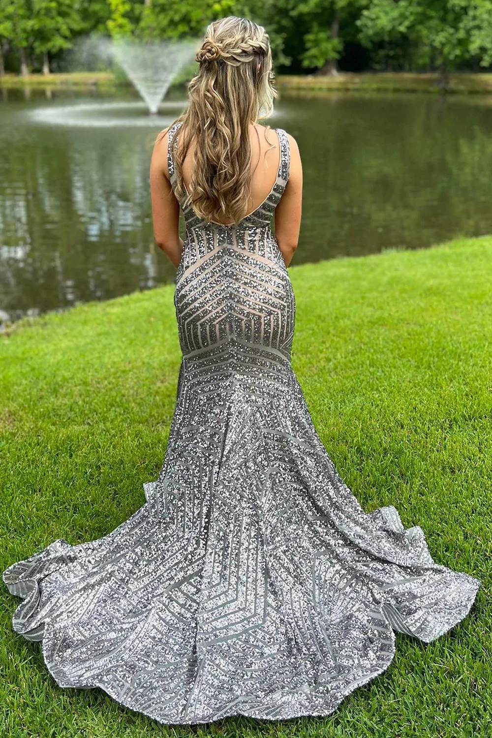 Deep V Neck Sequin Mermaid Prom Dress  gh1853