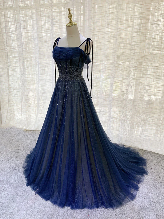 Langes Abendkleid aus dunkelblauem Tüll mit Pailletten, dunkelblaues Abendkleid gh2578