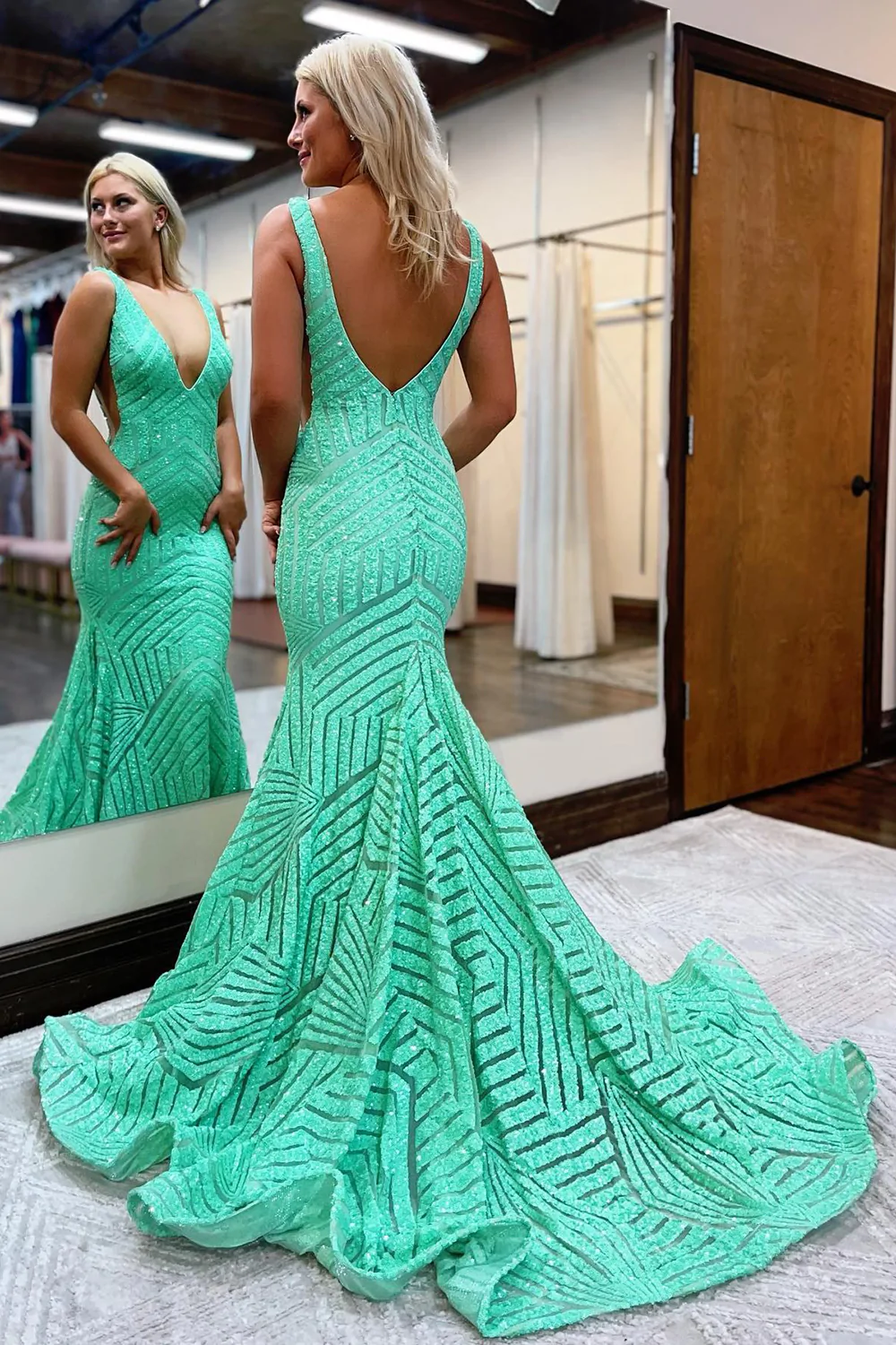 Deep V Neck Sequin Mermaid Prom Dress  gh1853