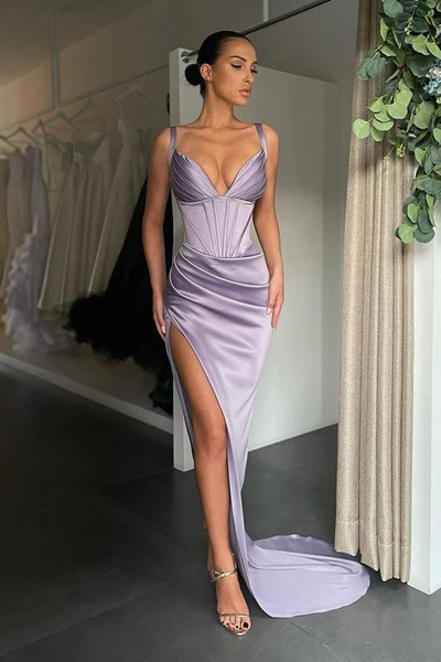 SEXY V-NECK HIGH-SPLIT MERMAID RUCHED LONG PROM DRESS  gh1904