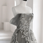 Gray Sweetheart Neck A line Lace Long Prom Dress, Gray Formal Dress gh2577