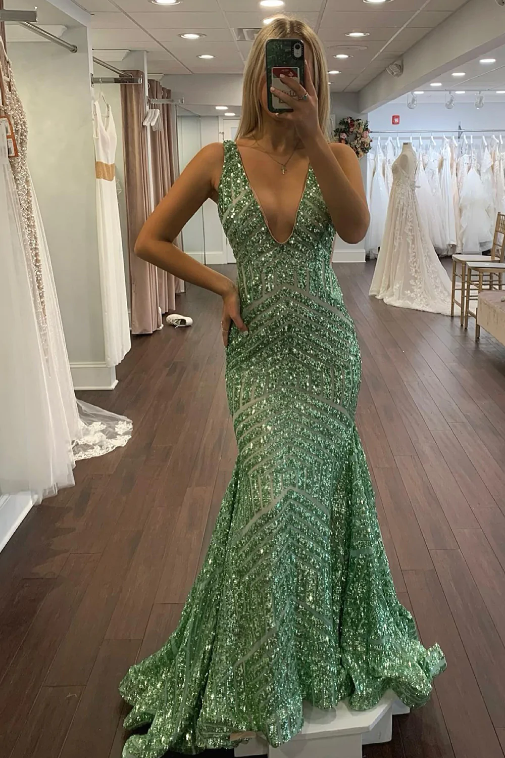 Deep V Neck Sequin Mermaid Prom Dress  gh1853