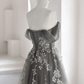 Gray Sweetheart Neck A line Lace Long Prom Dress, Gray Formal Dress gh2577