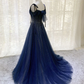 Dark blue tulle sequin long prom dress, dark blue evening dress gh2578