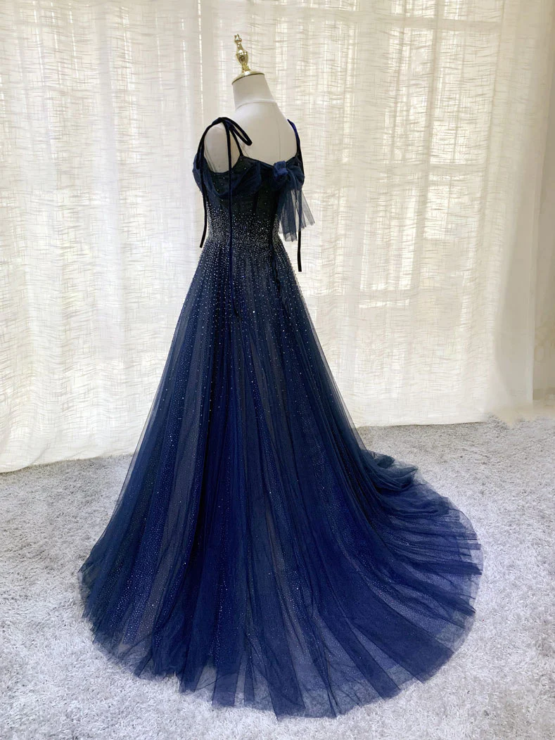 Langes Abendkleid aus dunkelblauem Tüll mit Pailletten, dunkelblaues Abendkleid gh2578