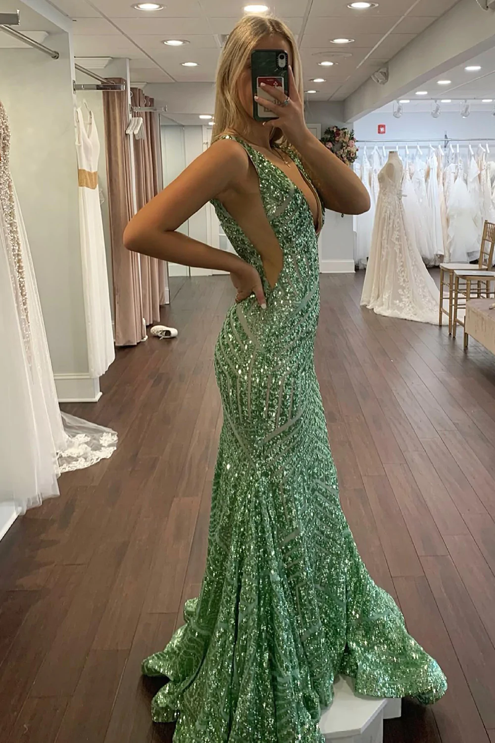 Deep V Neck Sequin Mermaid Prom Dress  gh1853