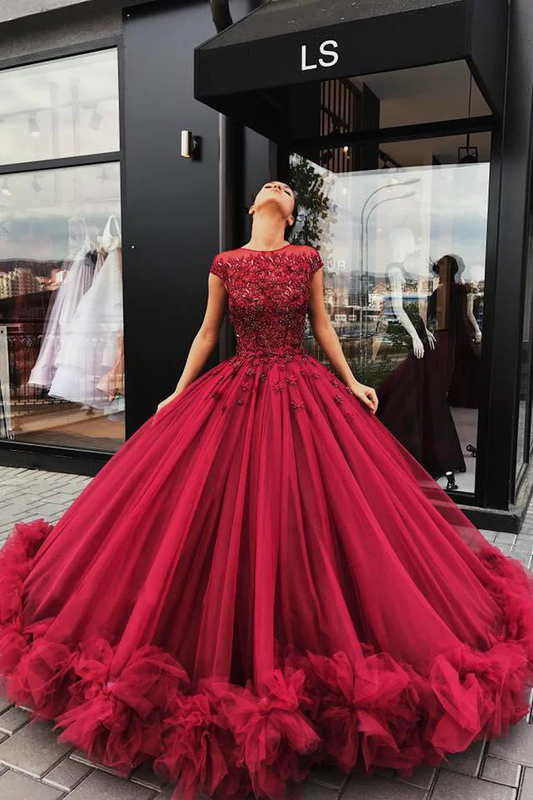 Red Tulle Appliques Ball Gown Round Neck Prom Dress,Sweet 16 Dresses,Quinceanera Dresses  gh1966