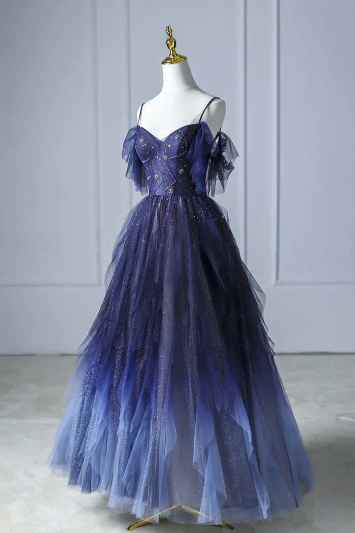 Langes Ballkleid aus Tüll mit blauem Farbverlauf, wunderschönes Abendkleid mit Spaghettiträgern gh2580