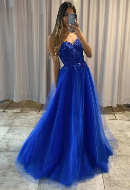 Blau A-Linie Tüll mit glitzernden Perlen aus Spitze, langes Ballkleid mit Schleppe, Partykleid, Abendkleidgh2252
