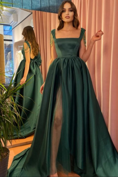 Langes Abendkleid mit eckigem Ausschnitt Seitenschlitz Rückenfreies formelles Kleid mit Fliege gh2419