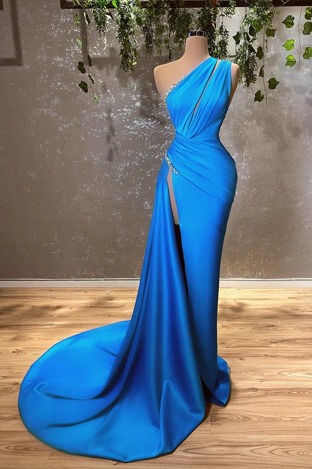 Sexy Blue One Shoulder Split Meerjungfrau Abendkleid mit Perlen gh2052