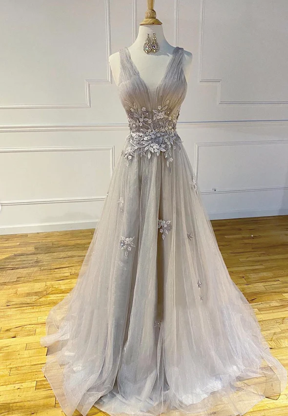 Robe de soirée longue en tulle et dentelle grise gh2287