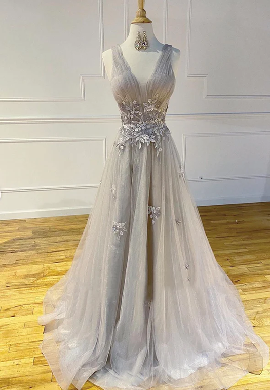 Gray tulle lace long prom dress evening dress  gh2287