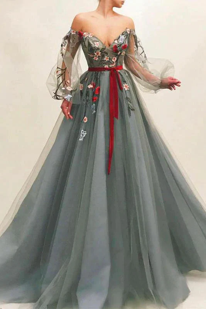 Chic Off The Shoulder Long Sleeves A Line Tulle Long Prom Dress With Flowers  gh2109