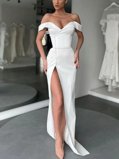 Mermaid Off-The-Shoulder Off-White Popular Long Evening Elegant Prom Dresses gh1936