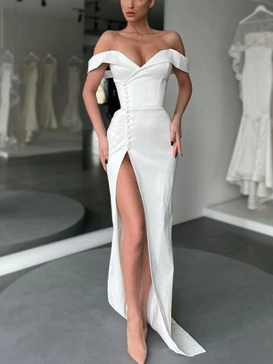 Mermaid Off-The-Shoulder Off-White Popular Long Evening Elegant Prom Dresses gh1936