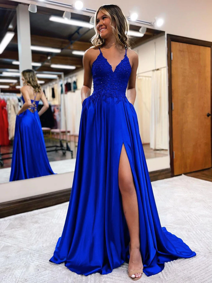 Langes Abschlussballkleid aus Satinspitze mit V-Ausschnitt, blaues Abendkleid gh2442