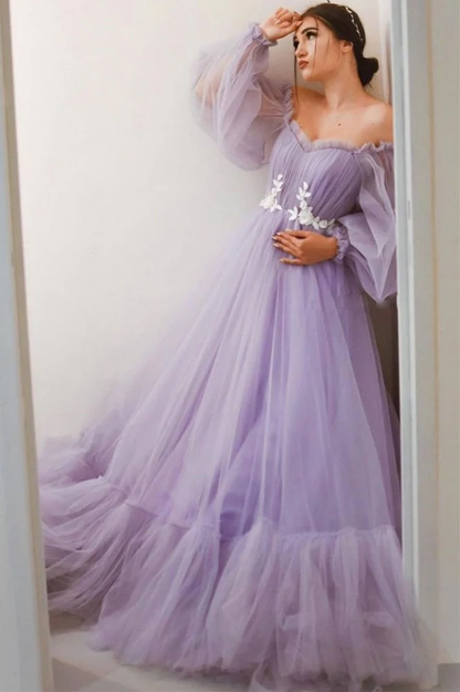 Lavender Off-the-Shoulder A-line Long Tulle Dress  gh2289