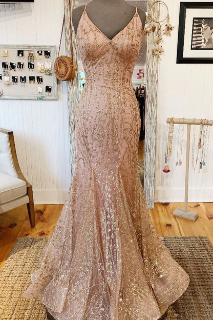 Mermaid V-Neck Rose Gold Long Prom Dress with Criss Cross Back gh2408