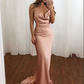Simple Blush Mermaid Open Back V Neck Spaghetti Straps Long Prom Dress gh2413
