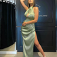 Column Minimalist Sexy Party Wear Formal Evening Dress Halter Neck Sleeveless Floor Length Charmeuse with Ruched Slit gh2351