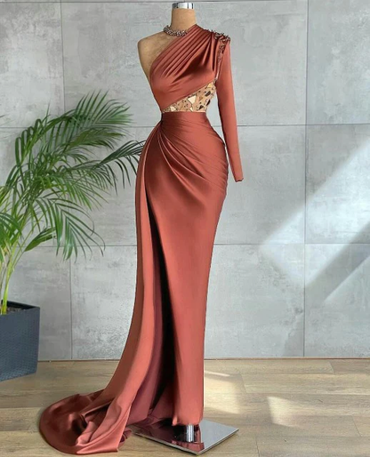 Brown fashion elegant one shoulder long evening dress prom dress gh2201