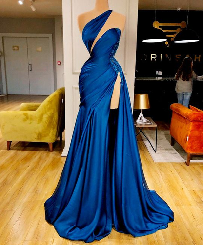 blue prom dress, beaded prom dresses, one shoulder prom dresses gh1985