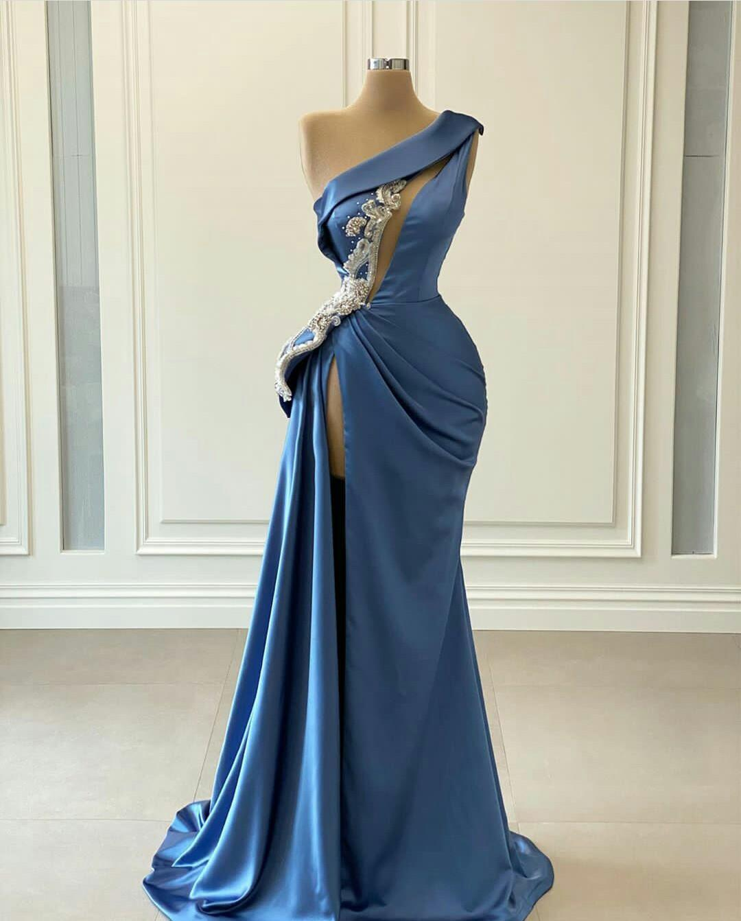 blue prom dresses, pearls prom dresses, keyhole prom dresses, satin prom dresses, one shoulder prom dresses,   gh2054