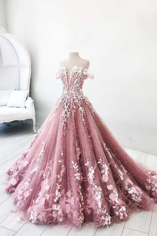 Robe de bal longue en tulle rose unique, robe de soirée en tulle rose gh2315