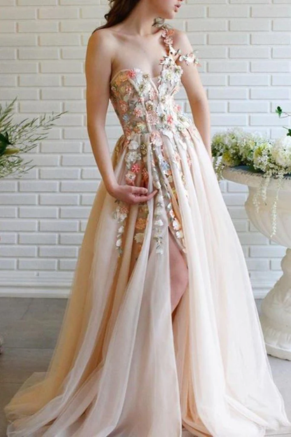 Elegant One Shoulder Champagne Prom Dresses with Flower, One Shoulder Champagne Floral Formal Evening Dresses gh2066