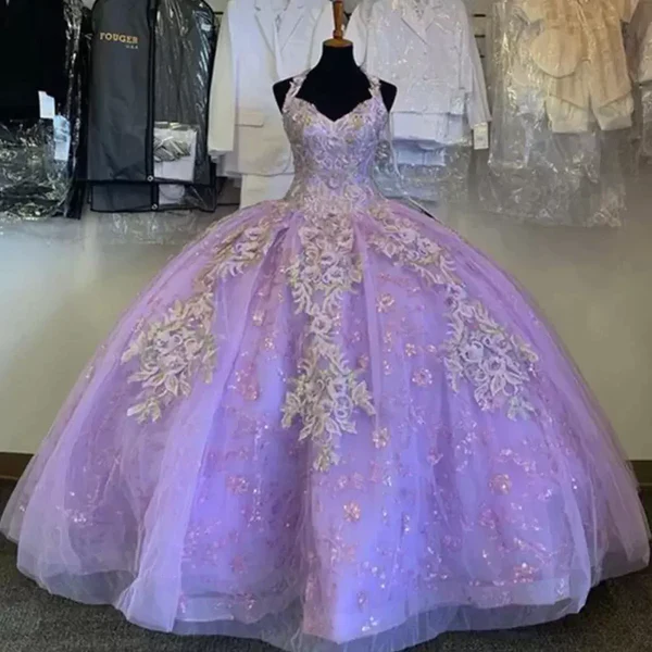 Halter Quinceanera Dresses Lace Applique Sweet 16 Evening Ball Gown Vestido de Fiesta Prom dresses gh983