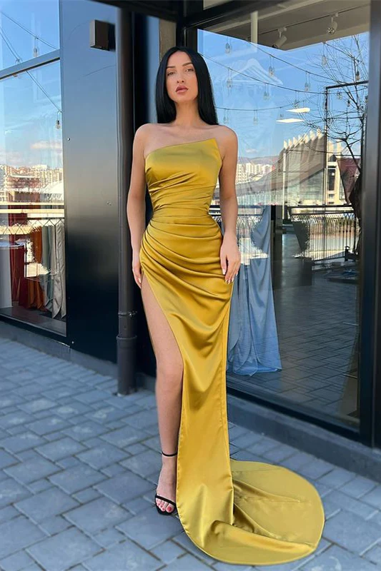 Elegant Yellow Simple Sleeveless Mermaid Prom Dress With Slit gh2350
