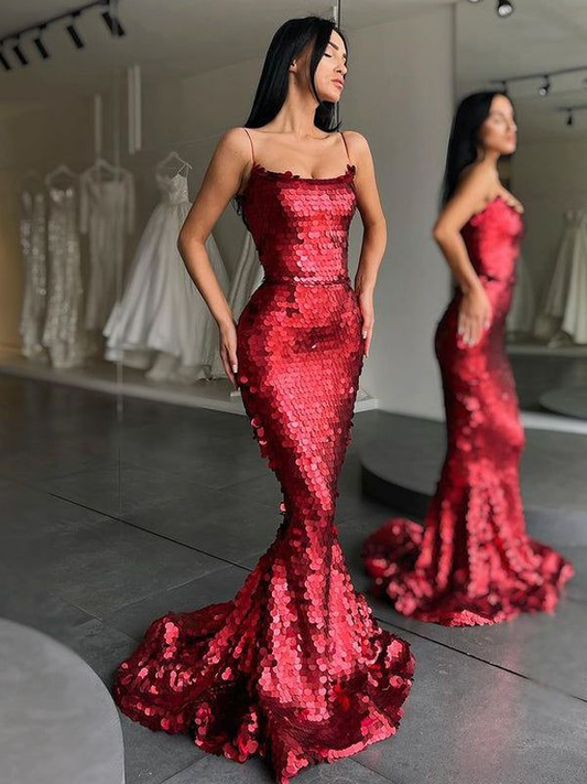 Spaghetti Strap Mermaid Sequin Red Long Prom Dresses Online gh2468