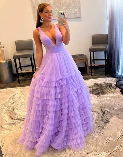 Lilac Tulle Long Tiered Prom Dresses gh2607