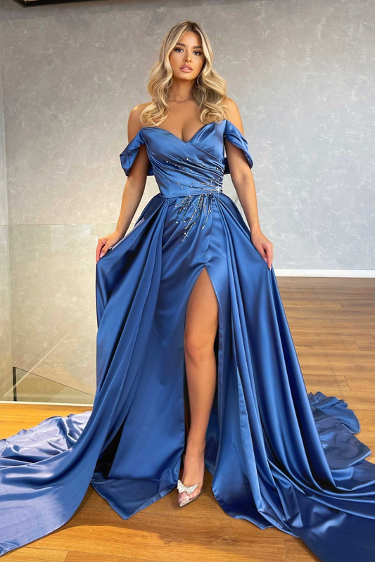 Gorgeous Off-the-Shoulder Long Split Prom Dress Overskirt With Beadingss gh2042