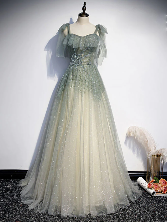 Gray Green Tulle Sequin Beads Long Prom Dress, Green Evening Dress  gh2132