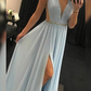 chic A-Line Chiffon With Sash Ribbon Belt V-neck Sleeveless Floor-Length Prom Dress  gh1799