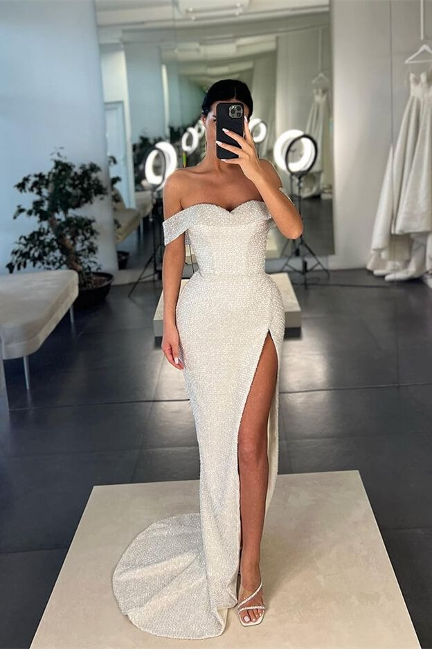 Mermaid White Off-the-Shoulder Sequins Prom Dress With Split  gh2060